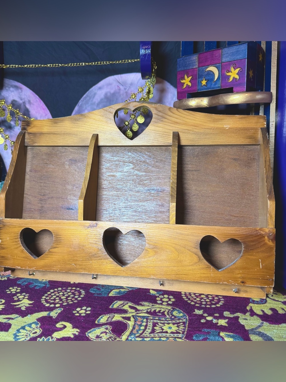 Vintage Granny Core Wood Heart Wall Letter Mail Holder Organizer Key Holder